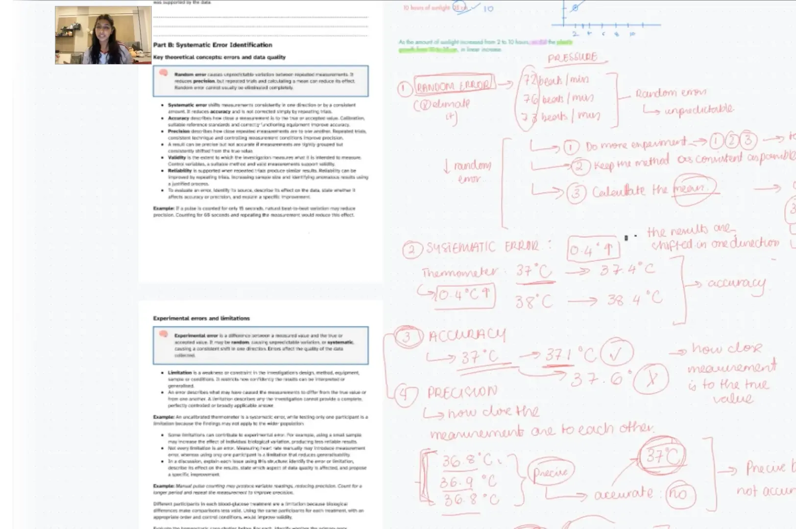 EduPrism lesson annotating systematic and random error, accuracy and precision beside a practical report