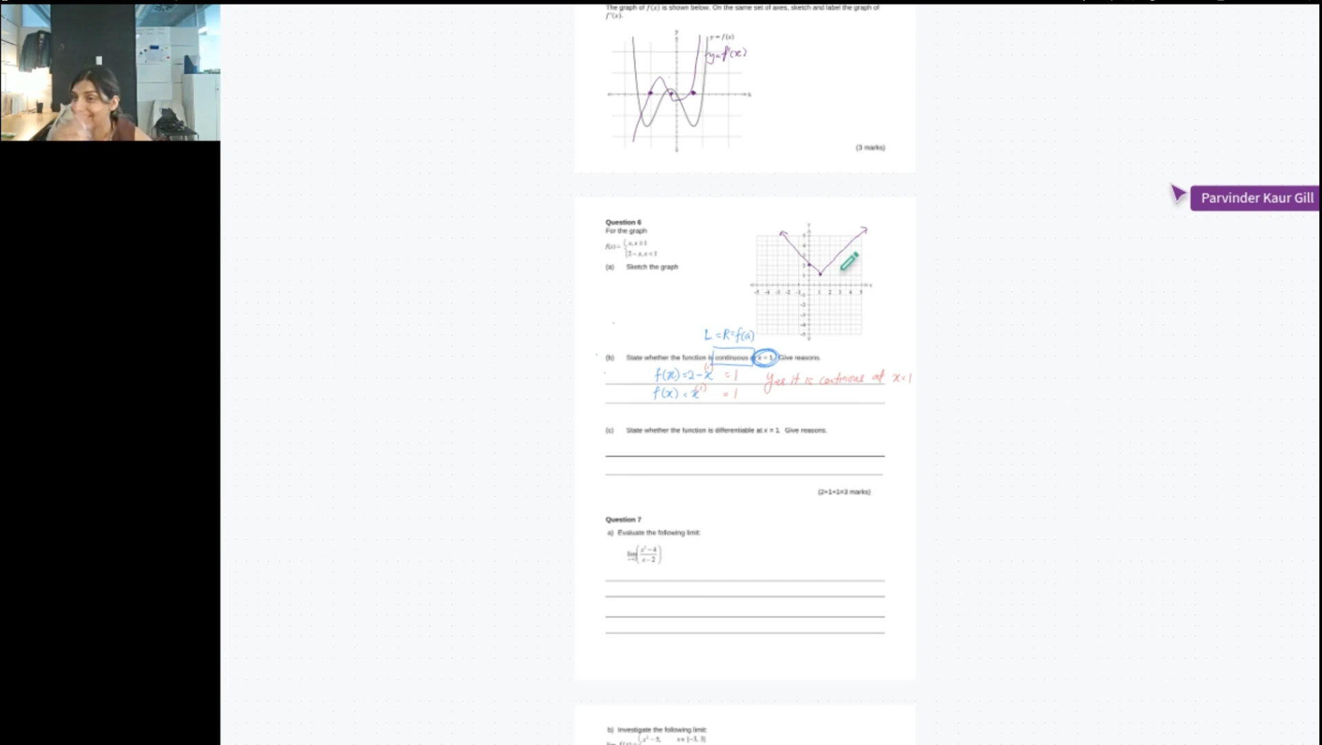Live VCE Mathematical Methods lesson on continuity and differentiability at a point, with the function graphed