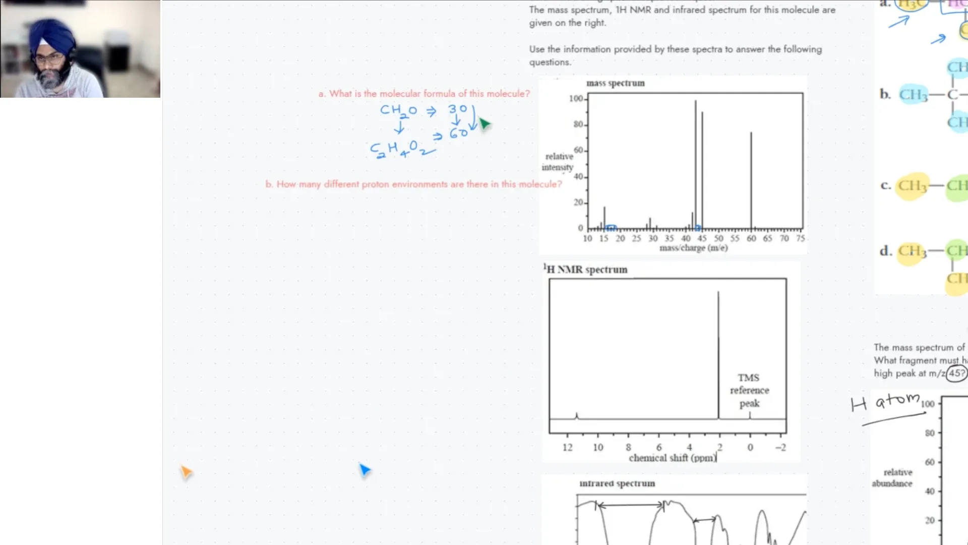 Dr Indramohan Singh interpreting mass spectrometry, proton NMR and infrared spectra in a live VCE Chemistry lesson