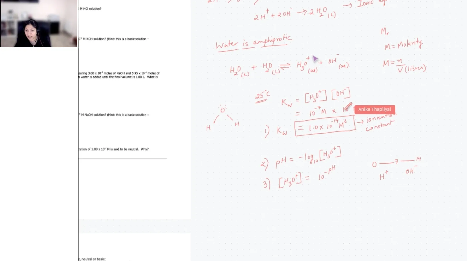 Anika Thapliyal deriving the relationship between Kw, hydronium concentration and pH in a live VCE Chemistry lesson