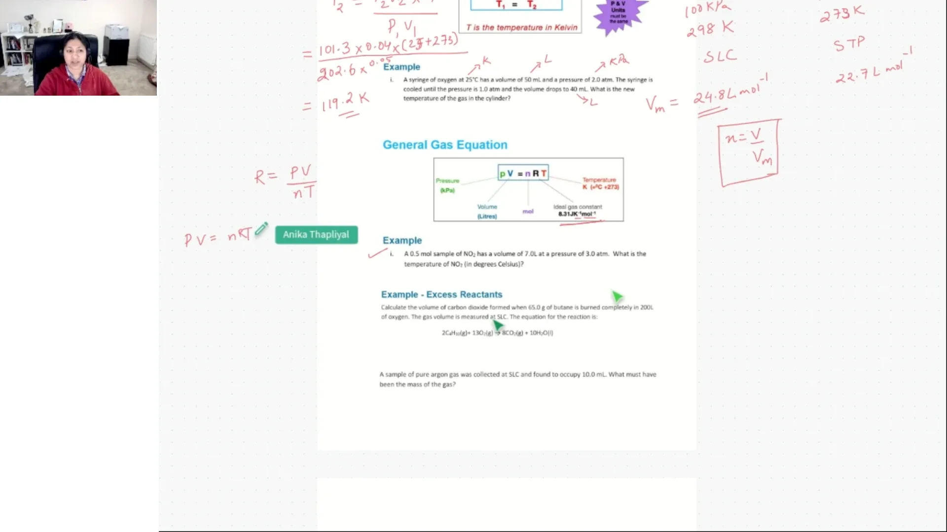 Anika Thapliyal teaching the general gas equation and stoichiometry in a live VCE Chemistry lesson