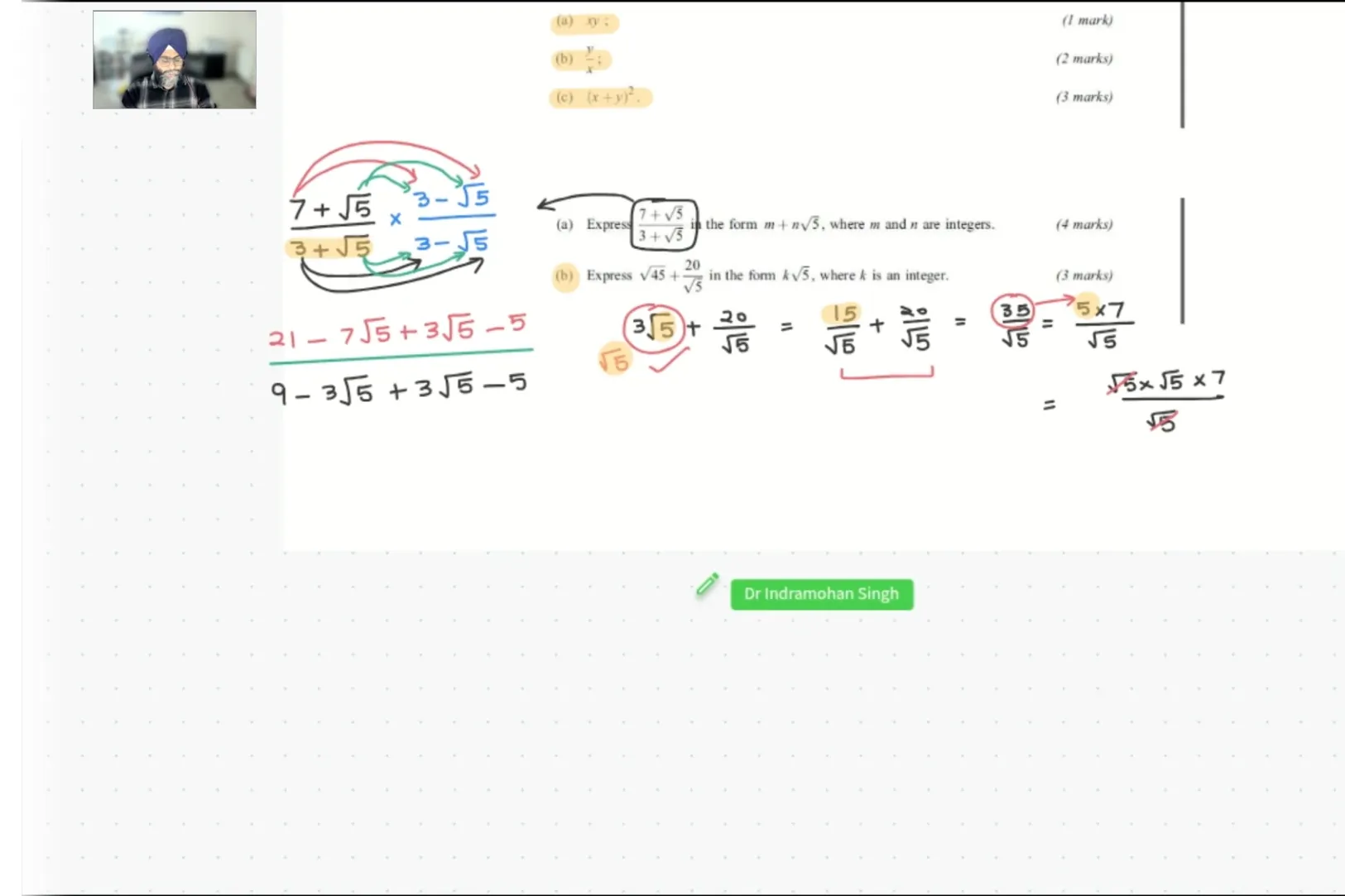 Dr Indramohan Singh working through surds and rationalising the denominator on a live whiteboard