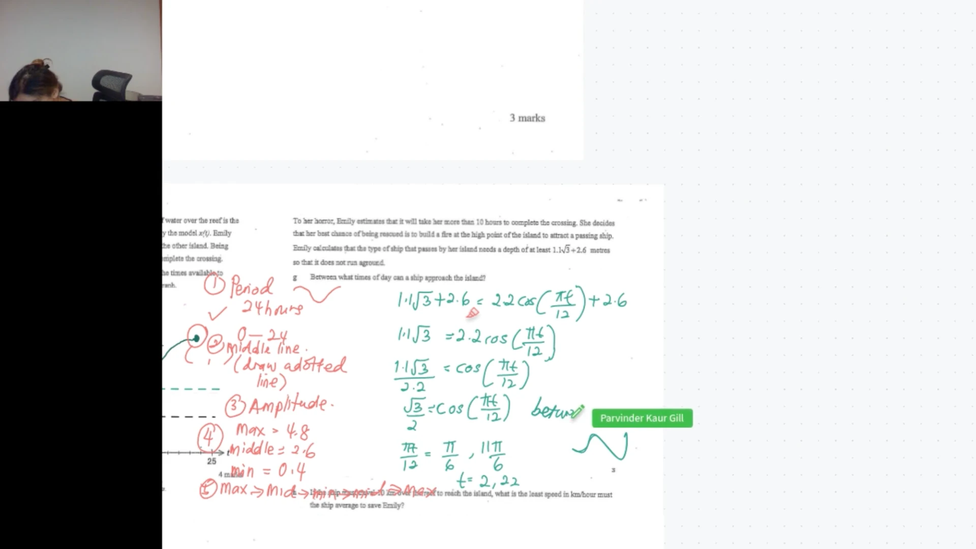 Live VCE Mathematical Methods lesson modelling a tidal cycle with a trigonometric function, annotated with period, midline and amplitude
