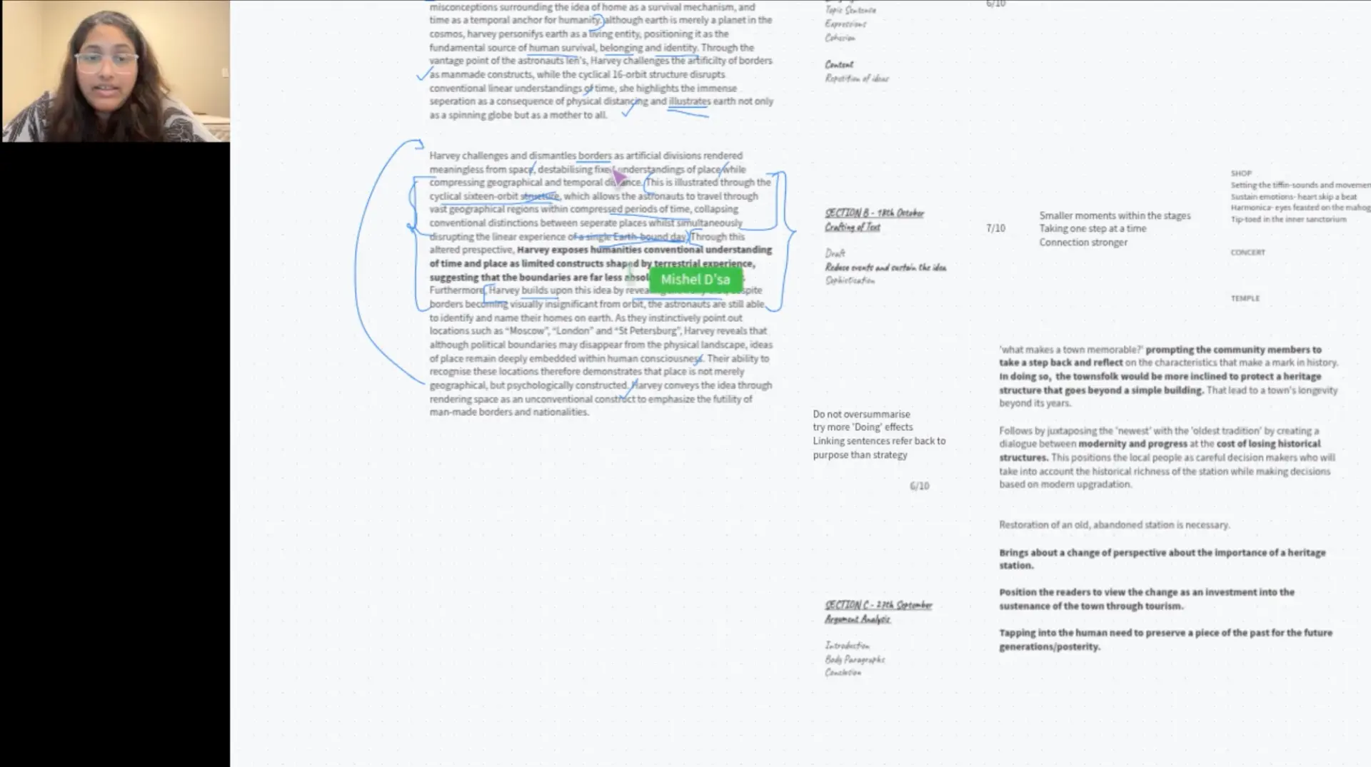 Live VCE English lesson showing a student essay annotated with margin feedback