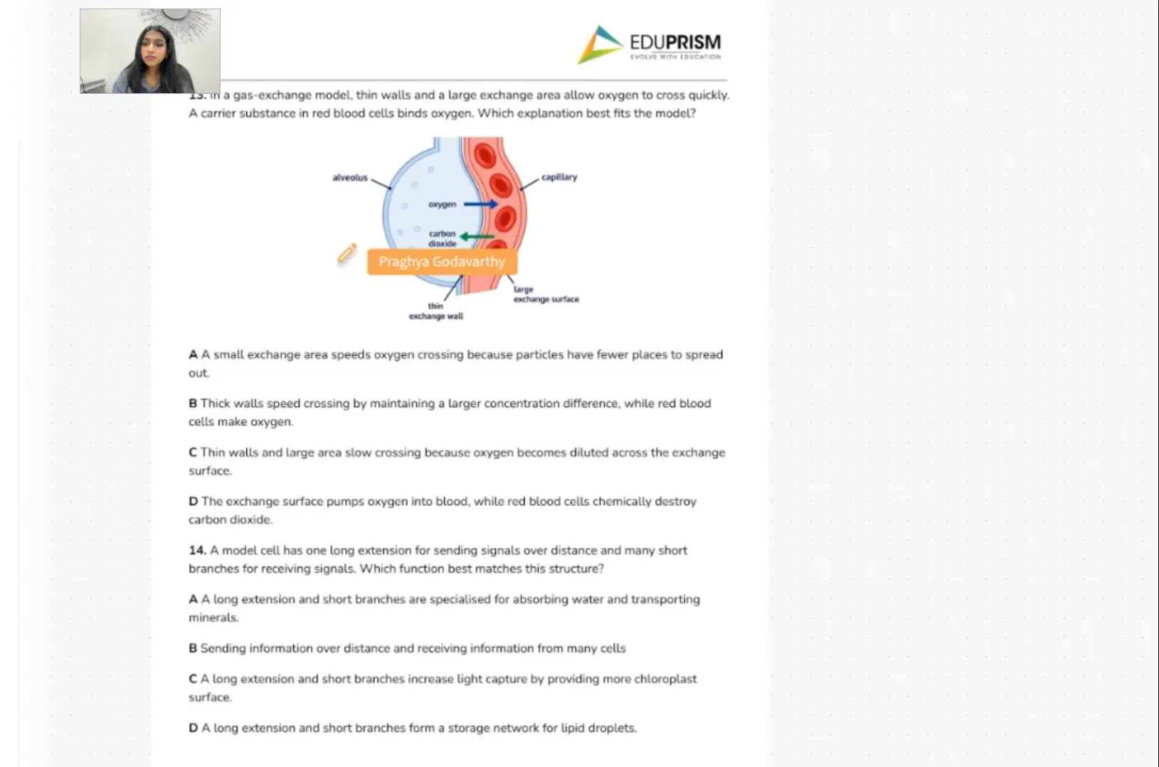 EduPrism tutor Praghya Godavarthy leading a live science lesson on gas exchange across the alveolus and capillary