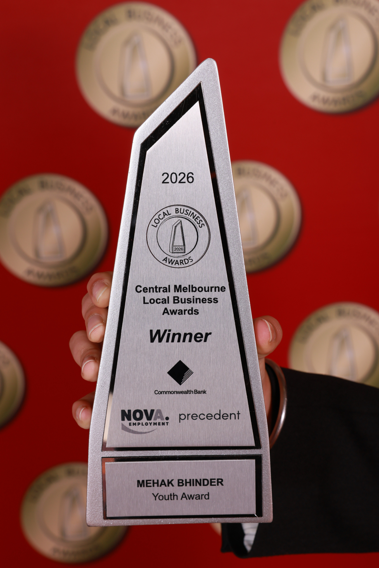 2026 Central Melbourne Local Business Awards Winner trophy — Mehak Bhinder, Youth Award