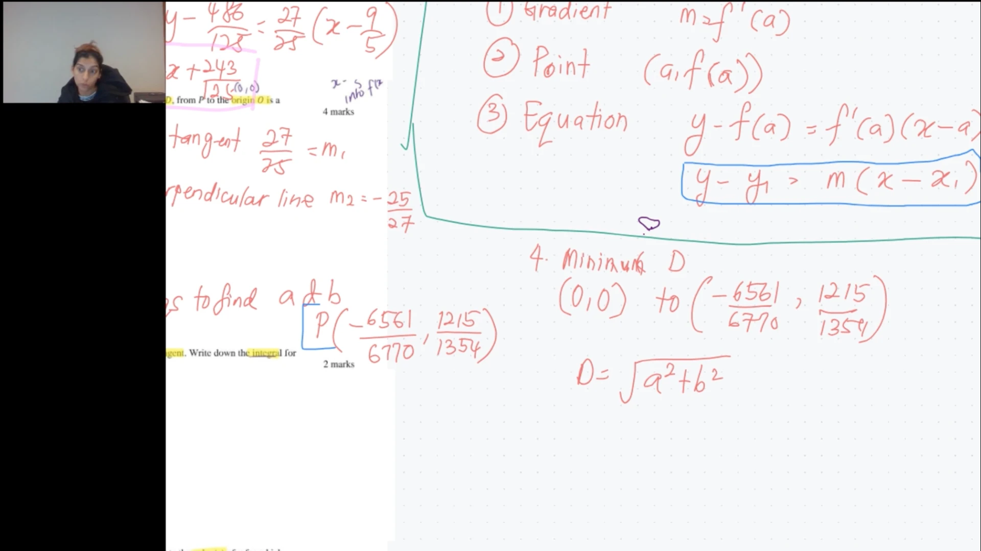 Live VCE Mathematical Methods lesson working through tangent and normal lines and a minimum distance calculation