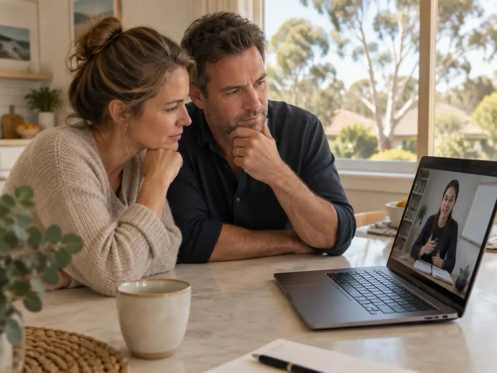 Australian parents thoughtfully weighing an online tutoring session for their child
