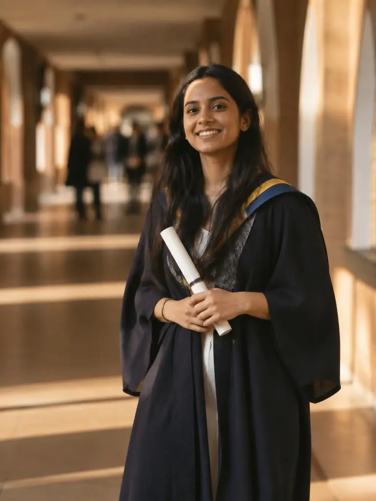 A graduate in a dark academic gown holding a certificate in a sunlit school hallway